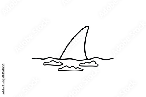 A black line drawing of a shark fin poking out of the ocean water with waves, suggesting danger or a predator lurking beneath the surface in a simple artistic style.