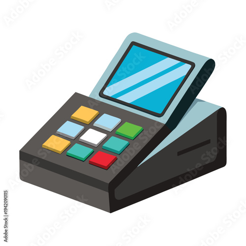 Modern point of sale terminal device with colorful buttons and digital screen for commercial transactions