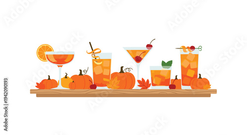 A delightful row of six orange cocktails, five small pumpkins, and autumn leaves are neatly arranged on a light wooden shelf.