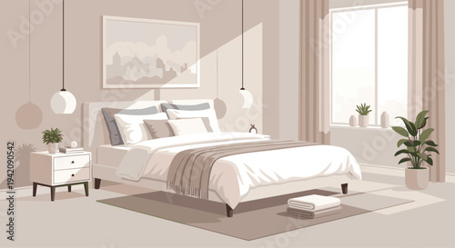 A tranquil, minimalist bedroom with a neatly made bed, two nightstands, and potted plants is bathed in soft natural light from a large window.