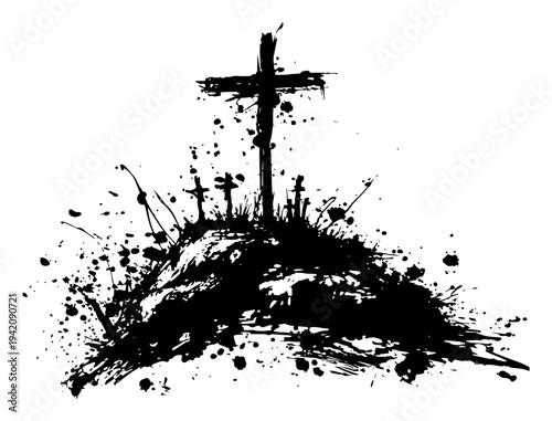 Three christian crosses on a hill in dramatic black ink splatter style
