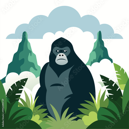Majestic gorilla standing proudly amidst lush green jungle foliage with mountains and clouds