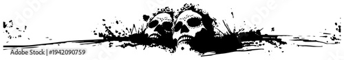 Black and white horizontal banner with human skulls and decorative flowers in grunge ink splatter style