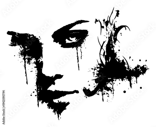 Artistic portrait of a beautiful woman face with dramatic ink drips and black and white grunge style