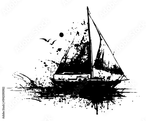 Majestic sailboat on water with birds and artistic ink splatters in high contrast style