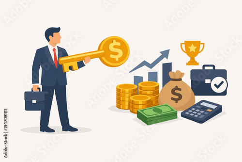 Businessman holding a golden key to financial success and employment compensation with money bag, coins, cash, calculator, trophy, and growth chart icons representing wealth and career growth.