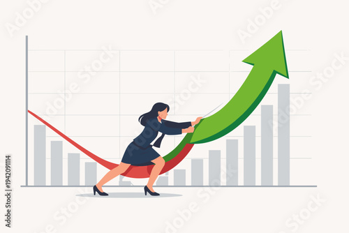 Businesswoman Pushing Up a Financial Graph Arrow to Change Direction from Loss to Growth, Vector Illustration of Success, Economic Recovery, Market Improvement, and Corporate Leadership.