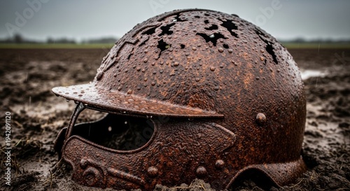 Rusted Ancient Helmet Half-Buried in Damp Earth