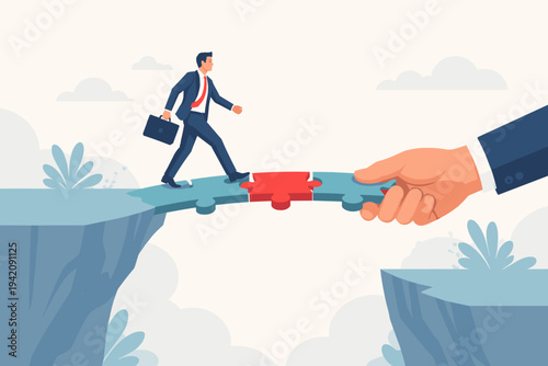 Businessman walking across a puzzle piece bridge held by a giant hand over a cliff gap, representing investment, mentorship, corporate support, strategic partnership, and career opportunity.