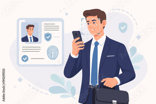 Businessman Using Smartphone for Face Recognition and Biometric Identity Verification. Digital ID Card with Fingerprint and Security Shield Icons. Mobile Authentication and Cyber Security Concept.