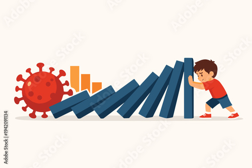 Vector Illustration of a Brave Young Boy Trying to Stop the Falling Domino Effect Caused by the Coronavirus Pandemic and Global Economic Crisis, Representing Resilience and Hope for the Future.