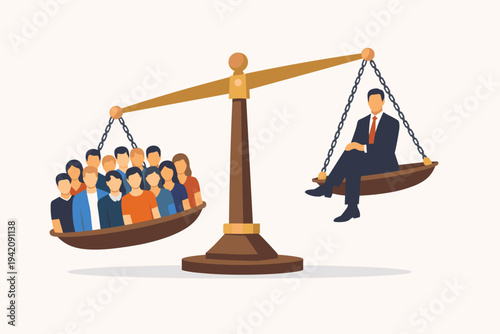 Vector illustration of a businessman on a balance scale outweighing a large group of diverse people, representing social inequality, wealth gap, corporate power, and unfairness in society.
