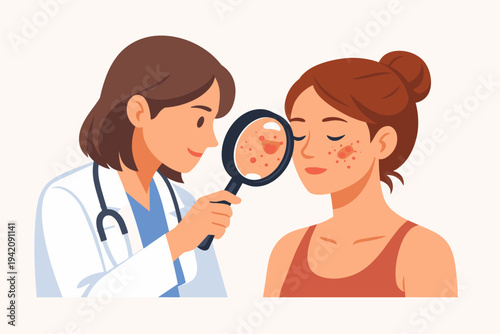 Female Dermatologist Using Magnifying Glass to Examine Patient Face with Red Skin Rash and Acne, Professional Medical Skin Care Consultation and Treatment Concept, Simple Flat Vector Illustration
