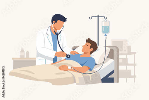 Vector illustration of a professional doctor in a white coat using a stethoscope to check a male patient lying in a hospital bed with an IV drip during medical treatment in a clinic or hospital.