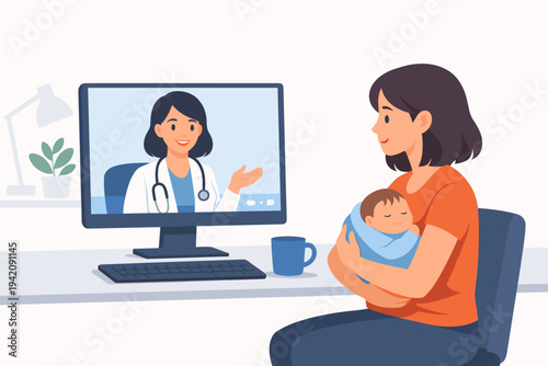 Flat Vector Illustration of a Mother with a Newborn Baby Consulting a Female Doctor Online via Video Call on a Desktop Computer, Telemedicine and Digital Healthcare Concept for New Parents.