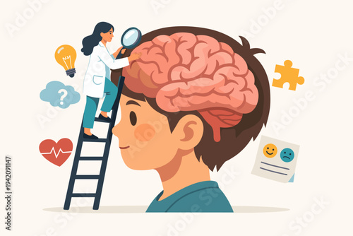 Female doctor psychologist on a ladder examining a child's brain with a magnifying glass, mental health concept with icons for ideas, emotions, and mood, pediatric neurology vector illustration.