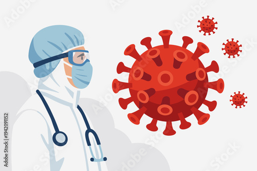 Vector illustration of a doctor in full protective personal equipment PPE suit, mask, and goggles looking at red coronavirus COVID-19 cells, healthcare professional fighting the global pandemic.