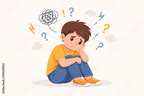 Vector illustration of a frustrated young boy sitting on the floor with bewildered thoughts in his mind. Sad child feeling overwhelmed by stress, anxiety, and confusion with symbols above head.