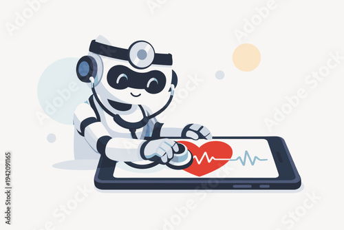 Cute Robot Doctor Using Stethoscope to Monitor Heart Rate on Smartphone Screen, Vector Illustration of Artificial Intelligence in Healthcare, Digital Medicine, Telehealth, and Future Medical Tech