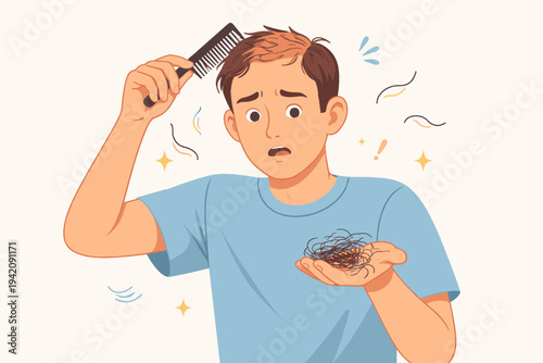 Worried Young Man Experiencing Hair Loss and Male Pattern Baldness While Combing His Hair, Flat Vector Illustration of Alopecia and Thinning Hair Problems for Healthcare and Grooming Concepts