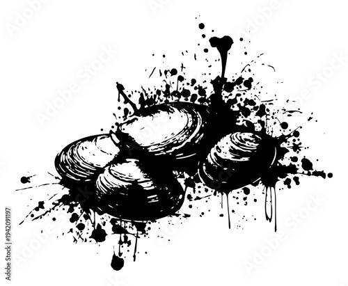 Group of clam shells in artistic grunge ink splatter style