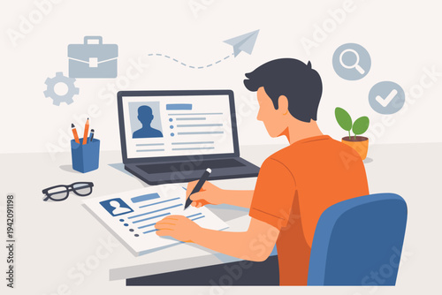 Flat Vector Illustration of a Young Man Sitting at a Desk Writing a Resume on Paper While Looking at a Digital CV on a Laptop Screen, Representing Job Hunting, Recruitment, and Career Development