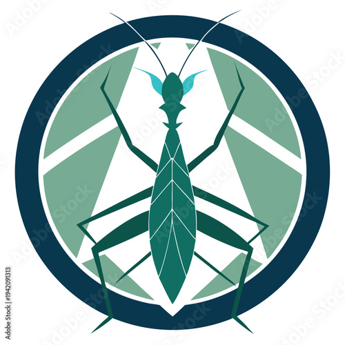 Green praying mantis insect illustration inside a circular emblem with a geometric design for nature concepts