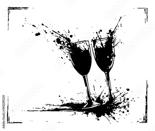 Two wine glasses in a celebratory toast with artistic ink splatters and splashes