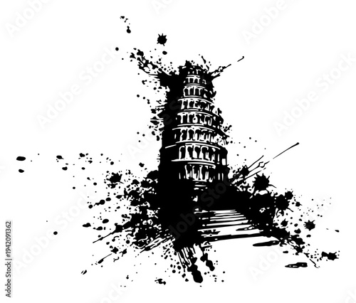 Artistic Leaning Tower of Pisa illustration with messy black ink splatters
