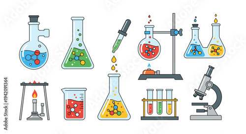 A diverse collection of nine chemistry laboratory items, including beakers, flasks, and a microscope, displays colorful liquids and molecular structures on a white background.