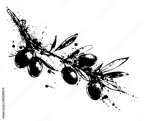 Beautiful olive branch with ripe olives and artistic black ink splatters