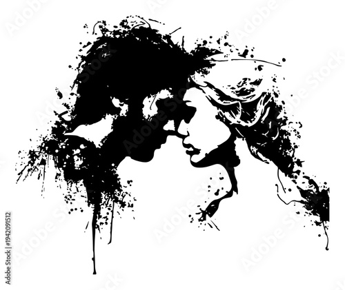 Romantic silhouette of a couple in love with artistic ink splatters and grunge textures
