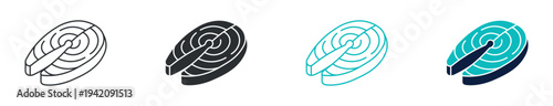 Fish steak food icon set, salmon slice seafood symbol, in outline and solid silhouette style. Vector illustration.