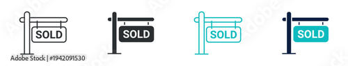 Sold real estate sign icon set, property sale hanging board symbol, in outline and solid silhouette style. Vector illustration.