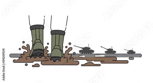 A pair of green military boots splashes through a brown muddy puddle, creating dynamic splatters, with three grey tank silhouettes advancing in the background.