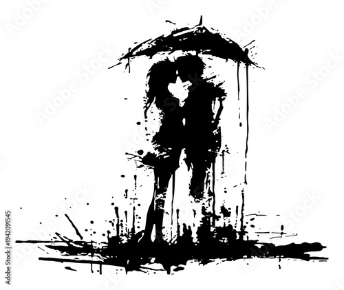 Romantic couple kissing under an umbrella in expressive black ink splatter style