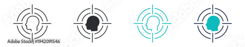 Human target audience icon set, customer targeting marketing symbol, in outline and solid silhouette style. Vector illustration.