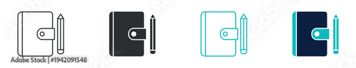 Personal diary notebook with pencil icon set, in outline and solid silhouette style. Vector illustration.