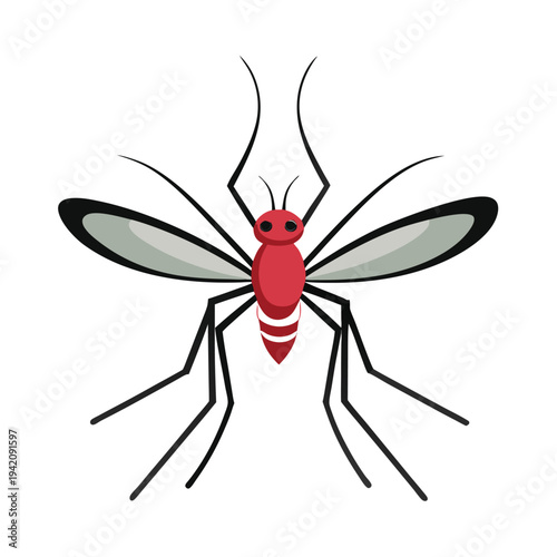 A cartoon mosquito with a red body and black legs and wings stands ready to bite
