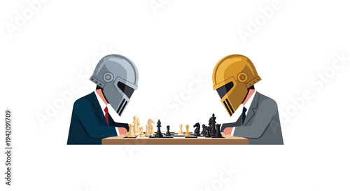 Two businessmen wearing knight helmets, one silver and one gold, are seated at a table playing chess.