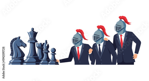Three businessmen wearing knight helmets with red plumes stand next to large dark chess pieces on a white background.