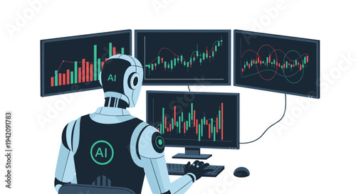 A futuristic robot with AI markings is seated at a desk, intently monitoring four large screens displaying stock market charts.
