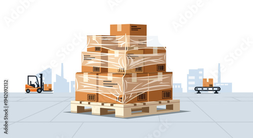 A large stack of shrink-wrapped cardboard boxes sits on a wooden pallet with a forklift in the distant background.