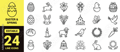 Easter and spring icon set with eggs, bunnies, flowers, crosses, worship symbols, seasonal decor, and essential Easter ranking elements illustrated in a clean modern line‑art vector style