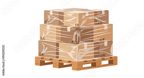 Three large cardboard boxes, individually wrapped in clear plastic film, are stacked pyramid-style on a wooden Euro pallet against a clean white background.