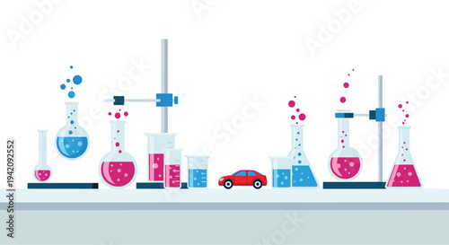 Various laboratory glassware, filled with effervescent blue and pink liquids, are arranged on a light grey lab bench alongside a small red toy car.