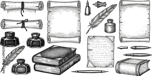 Vintage Writing and Manuscript Elements Collection with Scrolls, Ink Bottles, Quill Pens and Old Books in Hand Drawn Engraving Style Vector Set