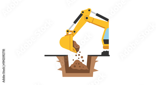 A bright yellow excavator with a large bucket is actively digging a square hole, depositing brown soil into the excavation site.