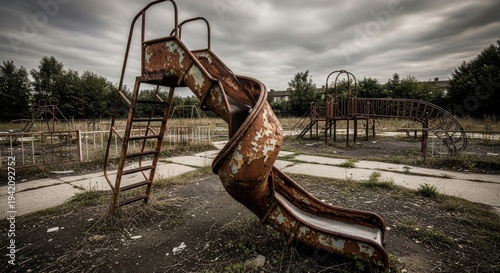Rusty Abandoned Playground Slide Twisting in Overcast Sky
