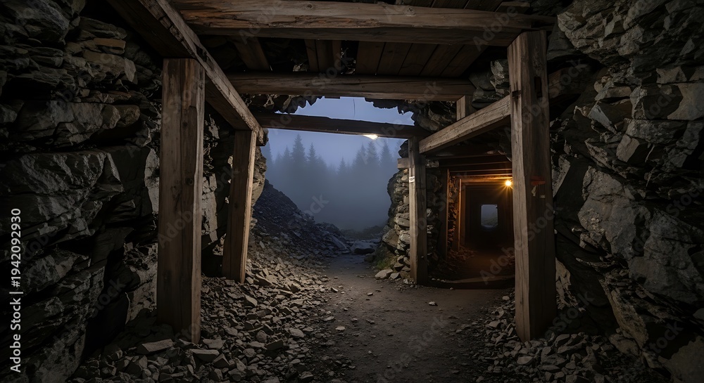 Fototapeta premium Interior view of a dimly lit tunnel carved into stone, leading to a misty outdoors scene